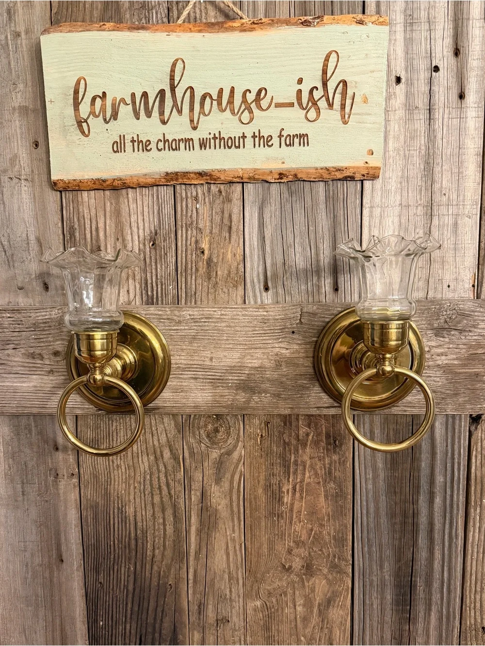 Pair of vintage brass colonial ring wall sconces with ruffled votive cups
